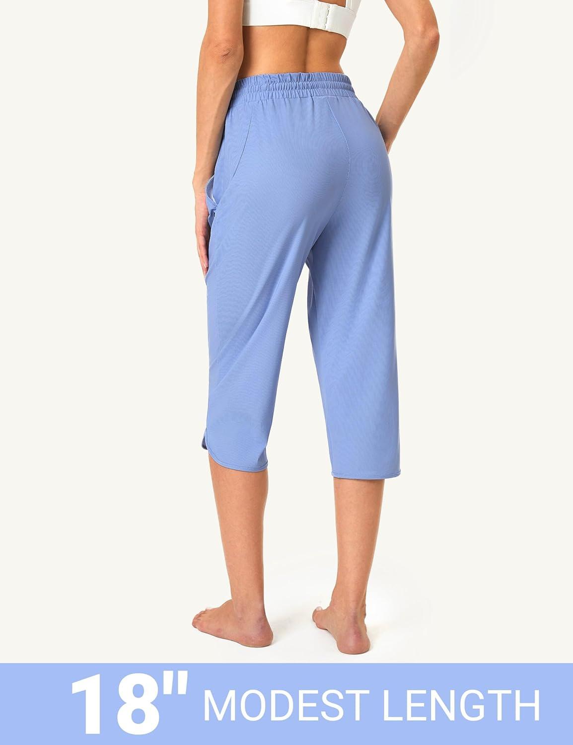imageFitsT4 Sports Womens Swim Capris Pants 18quot Quick Dry UPF 50 Beach Modest Swimsuits Bottoms with Mesh PocketsBlue