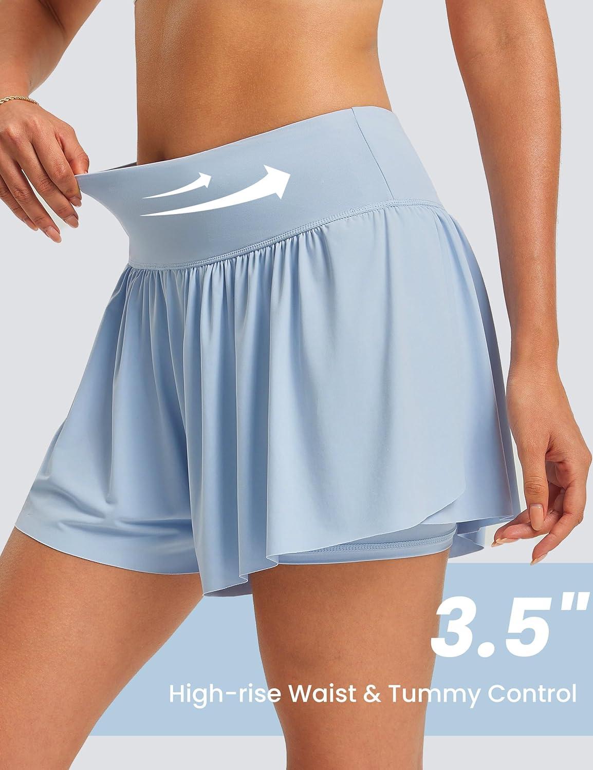 imageFitsT4 Sports Womens Swim Shorts High Waisted Board Shorts Stretch UPF50 Bathing Swimsuit Bottoms Tummy Control with LinerBlue