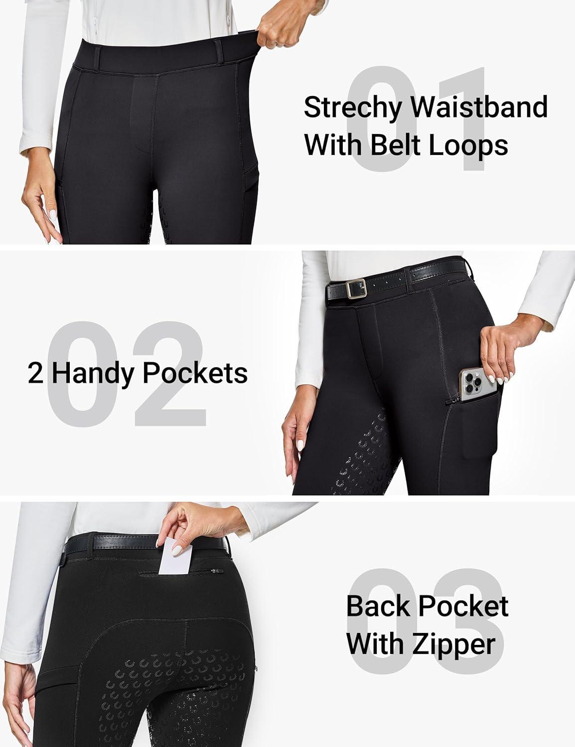imageFitsT4 Sports Womens Winter Horse Riding Pants with Zipper Pockets Full Seat Riding Tights Fleece Lined Equestrian BreechesBlack
