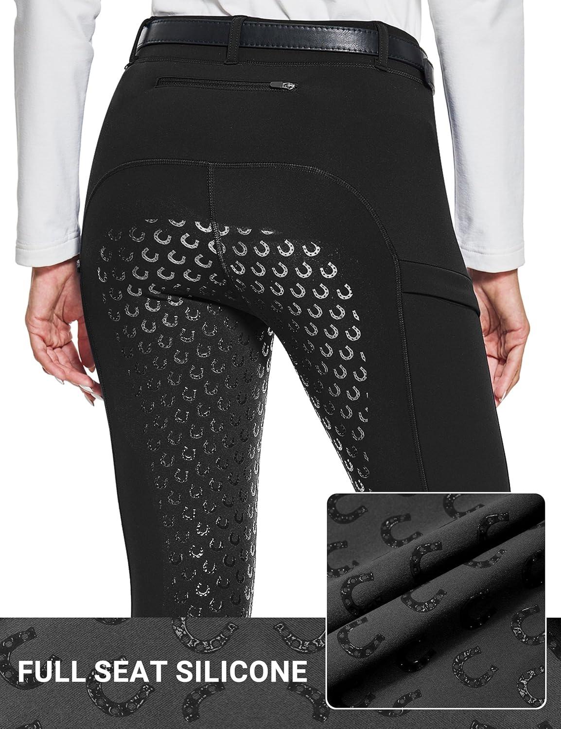 imageFitsT4 Sports Womens Winter Horse Riding Pants with Zipper Pockets Full Seat Riding Tights Fleece Lined Equestrian BreechesBlack