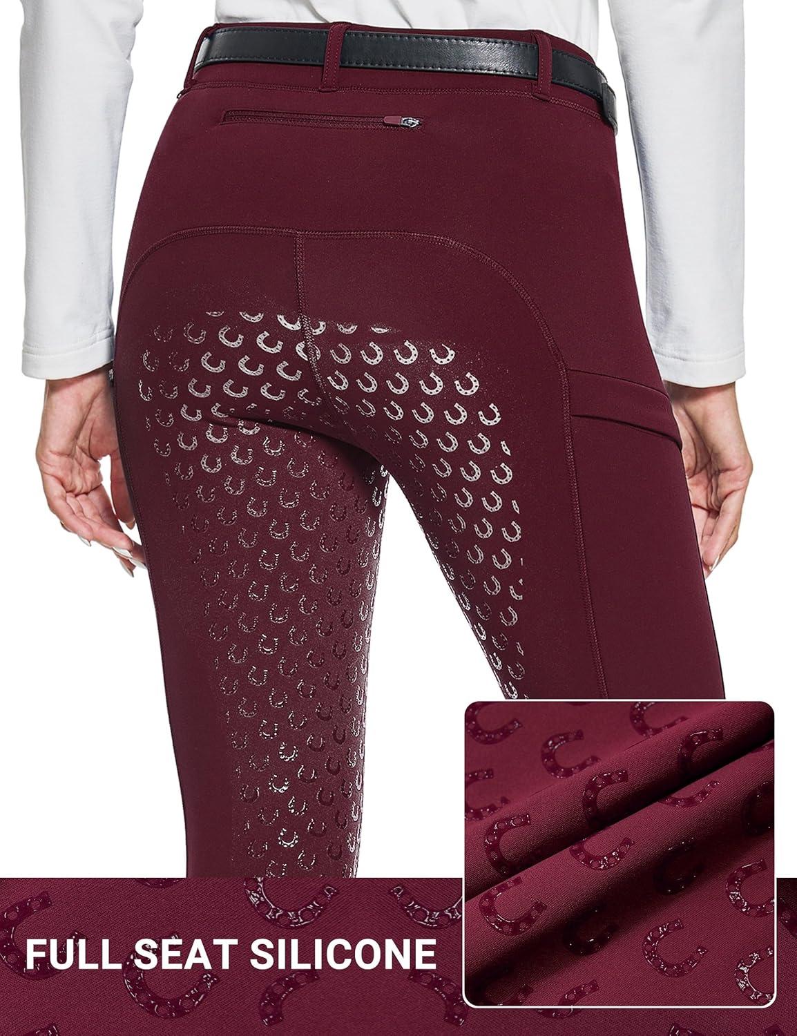 imageFitsT4 Sports Womens Winter Horse Riding Pants with Zipper Pockets Full Seat Riding Tights Fleece Lined Equestrian BreechesBurgundy