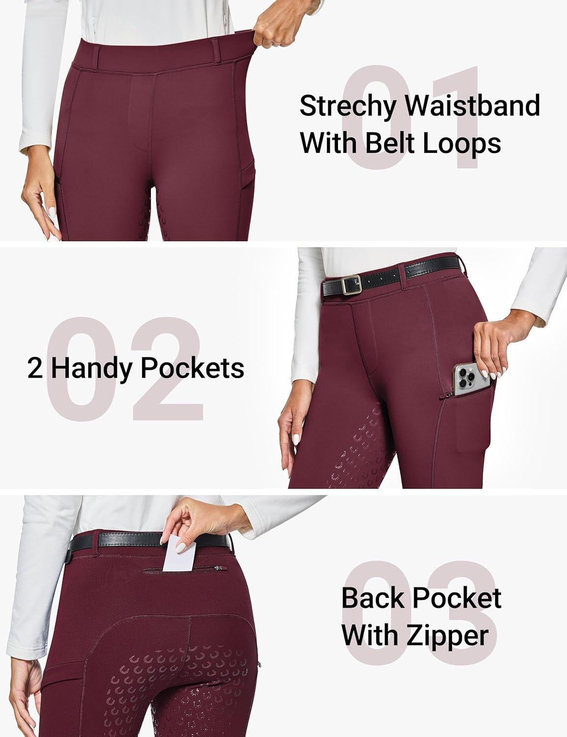 imageFitsT4 Sports Womens Winter Horse Riding Pants with Zipper Pockets Full Seat Riding Tights Fleece Lined Equestrian BreechesBurgundy