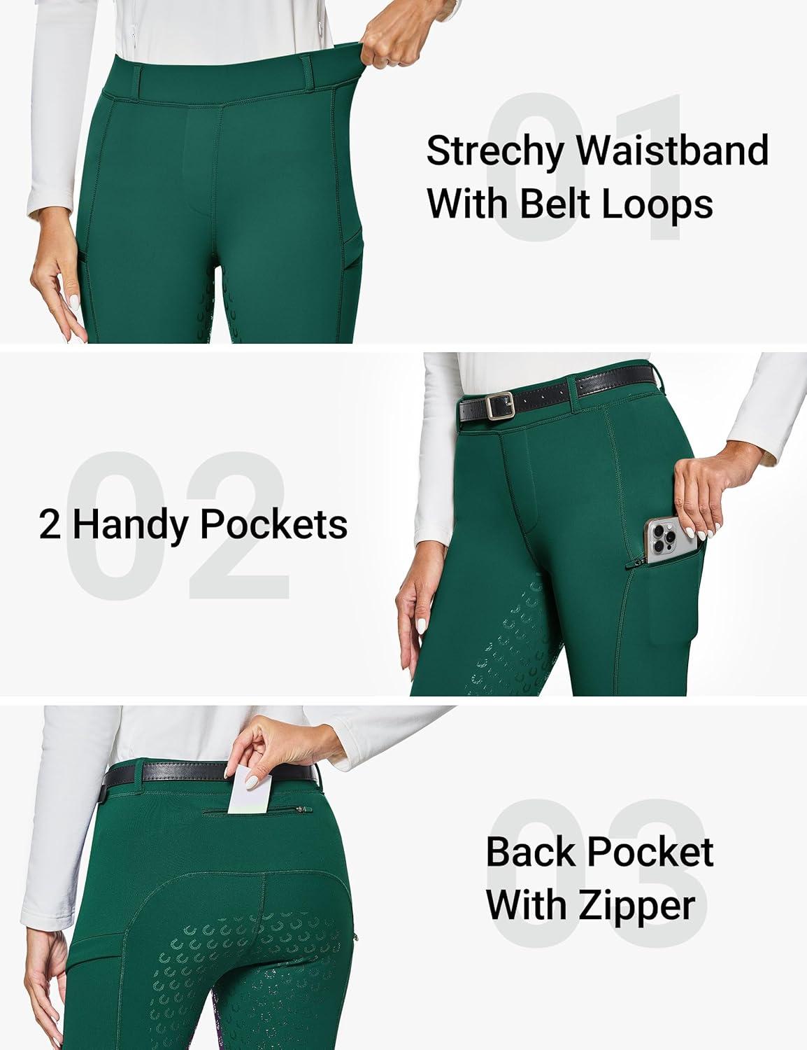 imageFitsT4 Sports Womens Winter Horse Riding Pants with Zipper Pockets Full Seat Riding Tights Fleece Lined Equestrian BreechesDark Green