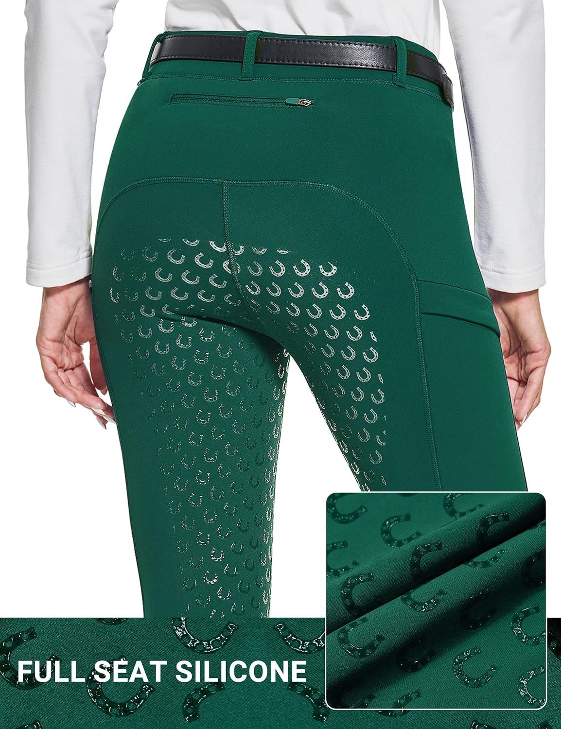 imageFitsT4 Sports Womens Winter Horse Riding Pants with Zipper Pockets Full Seat Riding Tights Fleece Lined Equestrian BreechesDark Green