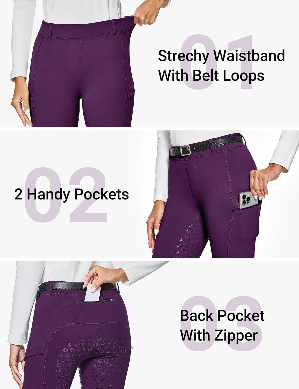 imageFitsT4 Sports Womens Winter Horse Riding Pants with Zipper Pockets Full Seat Riding Tights Fleece Lined Equestrian BreechesPurple
