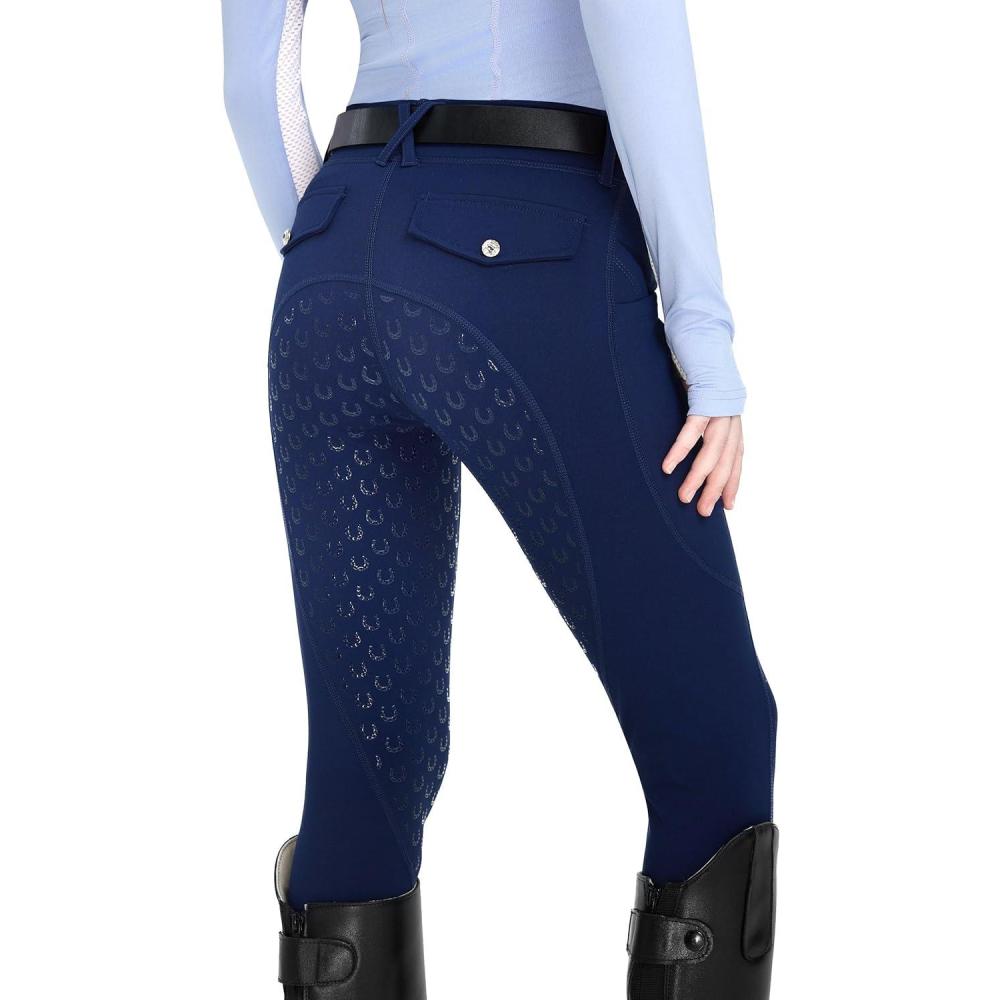 imageFitsT4 Sports Girls Riding Pants Fleece Lined Kids Winter Breeches Full Seat Silicone Equestrian Pants Tights PocketsNavy