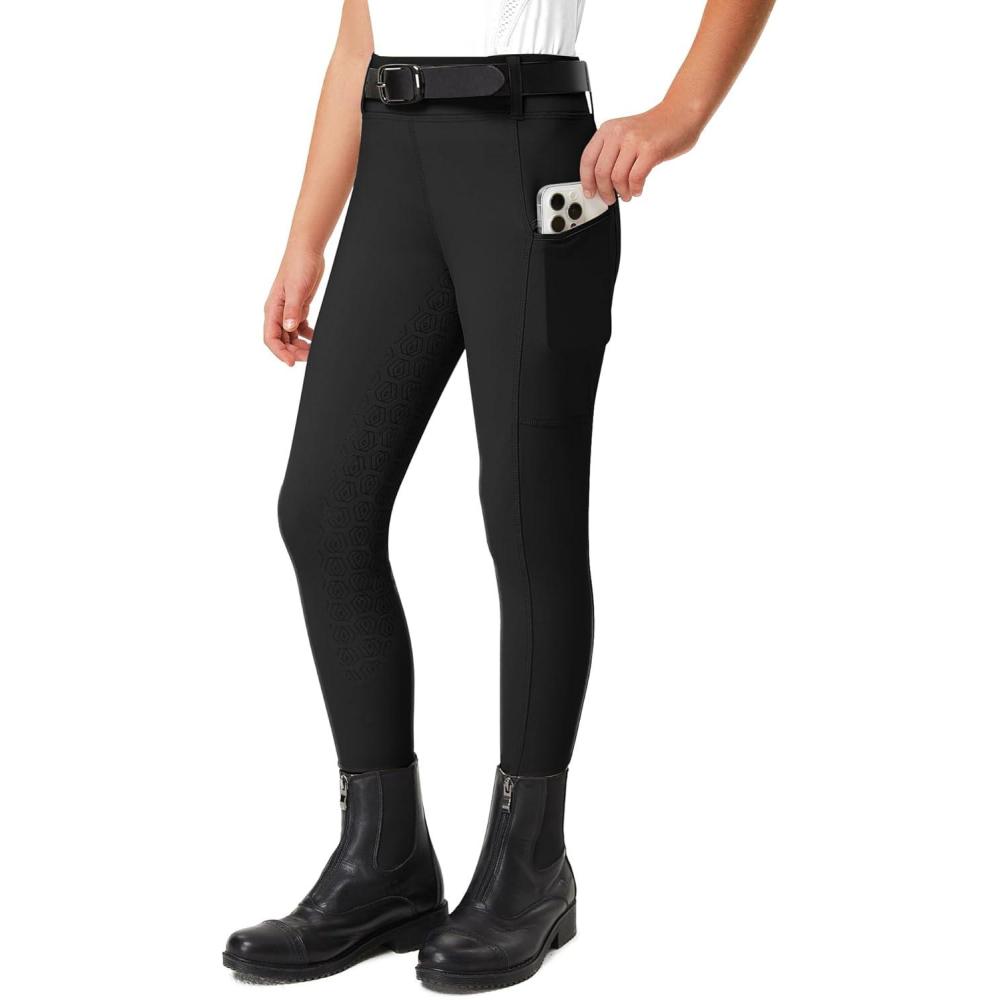 imageFitsT4 Sports Girls Riding Pants Full Seat Kids Equestrian Breeches Stretchy Youth Horse Schooling Tights Zipper PocketsBlack