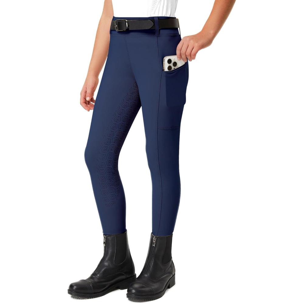 imageFitsT4 Sports Girls Riding Pants Full Seat Kids Equestrian Breeches Stretchy Youth Horse Schooling Tights Zipper PocketsNavy