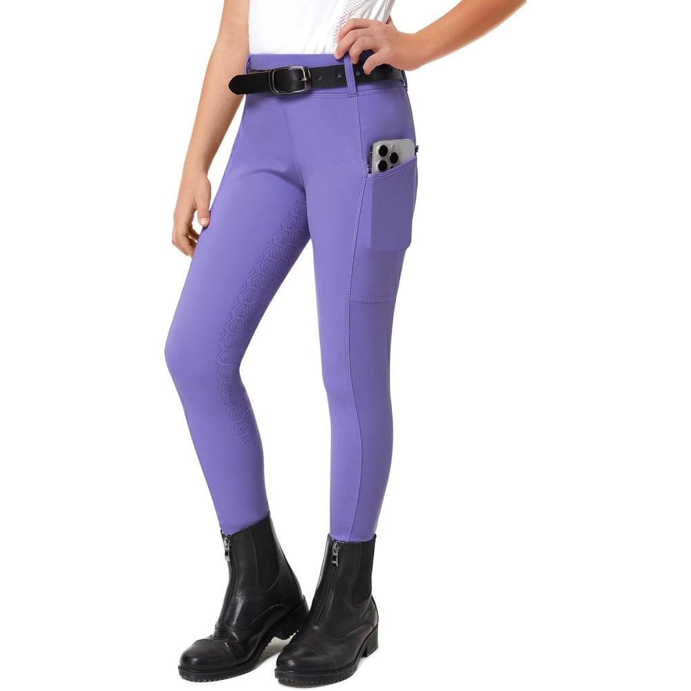 imageFitsT4 Sports Girls Riding Pants Full Seat Kids Equestrian Breeches Stretchy Youth Horse Schooling Tights Zipper PocketsPurple