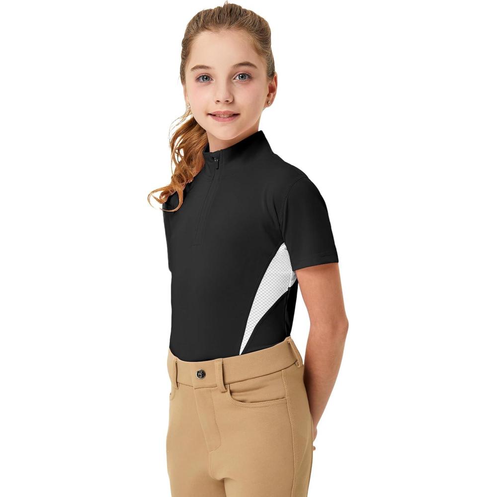 imageFitsT4 Sports Girls Short Sleeve Equestrian Shirt Quick Dry Horse Riding Shirts Half Zip Horseback Show ShirtBlack