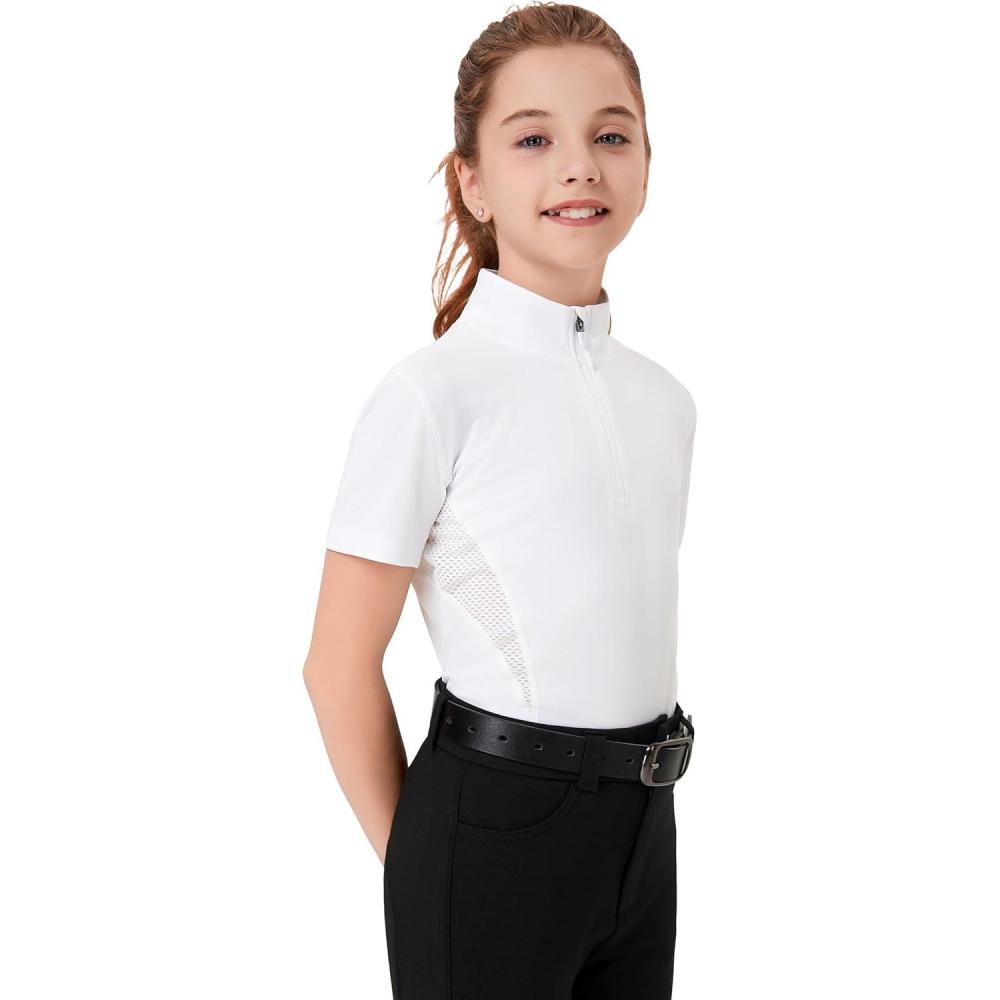 imageFitsT4 Sports Girls Short Sleeve Equestrian Shirt Quick Dry Horse Riding Shirts Half Zip Horseback Show ShirtWhite