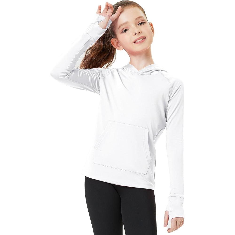 imageFitsT4 Sports Kids UPF50 Sun Shirt with Pockets Thumbholes Girls Lightweight Quick Dry UV Protection Long Sleeve HoodieWhite