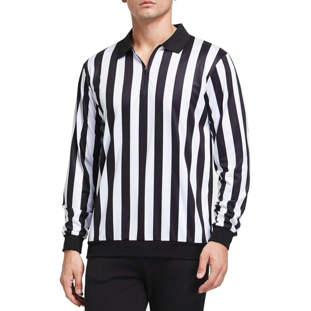 imageFitsT4 Sports Mens Official Black ampamp White Stripe Referee Shirt Zipper Collared Umpire Jersey Costume Pro Ref UniformBlackWhite Stripezipper Neck