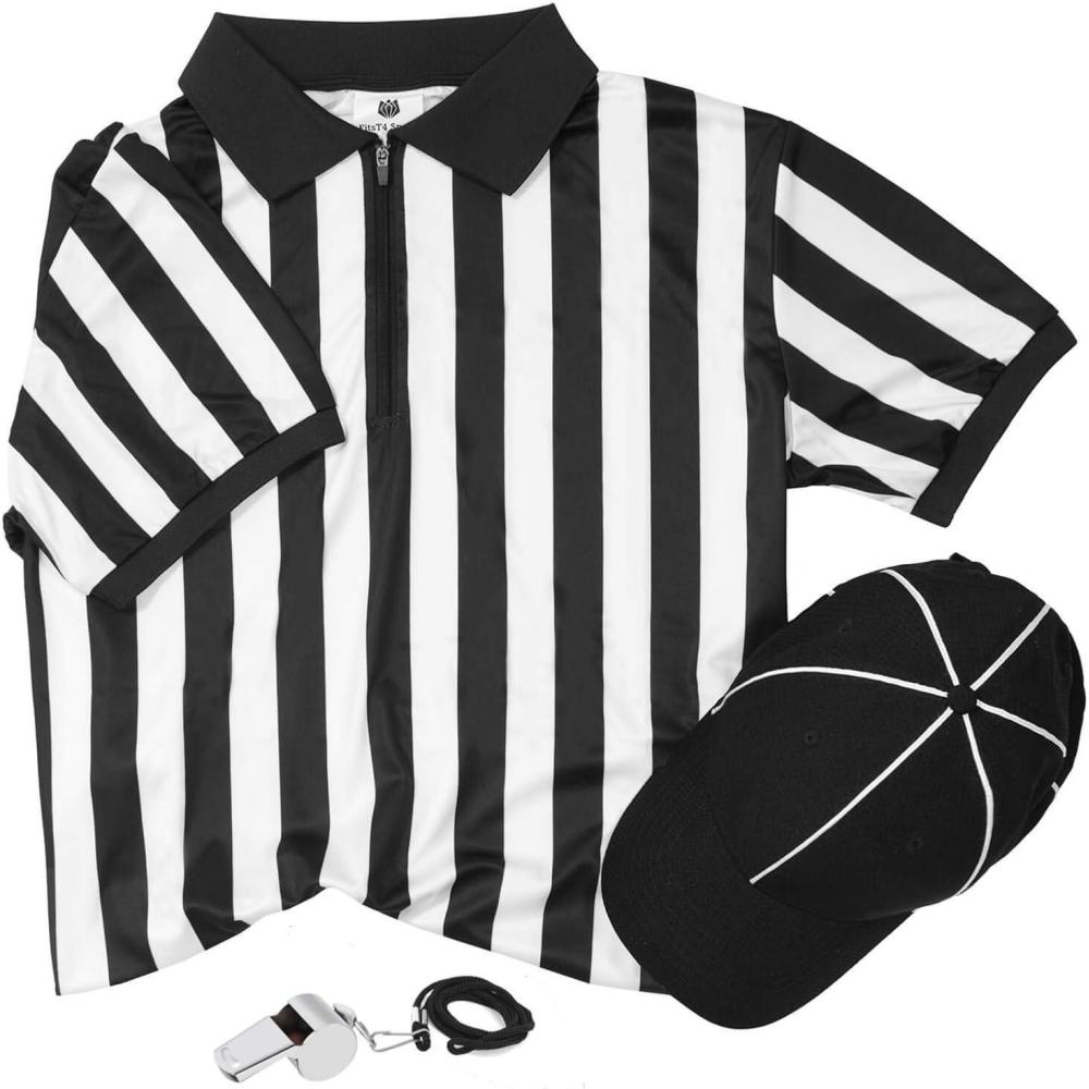 imageFitsT4 Sports Official Black ampamp White Stripe Referee Shirt Zipper Ref Jersey Umpire Referee Cap Stainless Steel Whistle