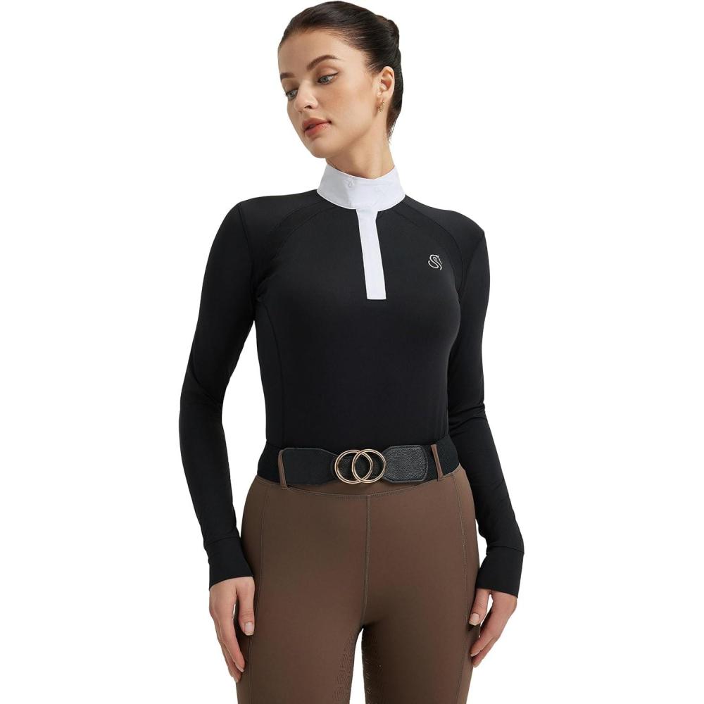 imageFitsT4 Sports Womens Equestrian Show Shirts UPF50 Long Sleeve Performance Horse Riding Tops with Cooling Mesh PanelsBlack