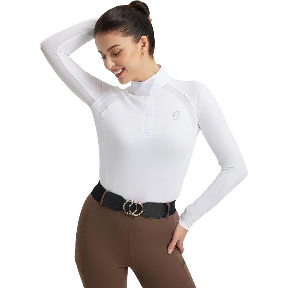 imageFitsT4 Sports Womens Equestrian Show Shirts UPF50 Long Sleeve Performance Horse Riding Tops with Cooling Mesh PanelsWhite