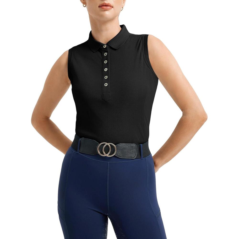 imageFitsT4 Sports Womens Equestrian Tank Top UPF50 Sleeveless Horse Riding Shirts Polo Collar Button UpBlack