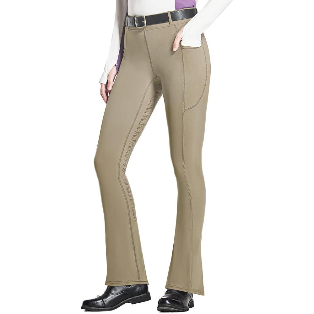 imageFitsT4 Sports Womens Full Seat Horse Riding Pants Bootcut Riding Tights with Pockets Equestrian Breeches for WomenKhaki