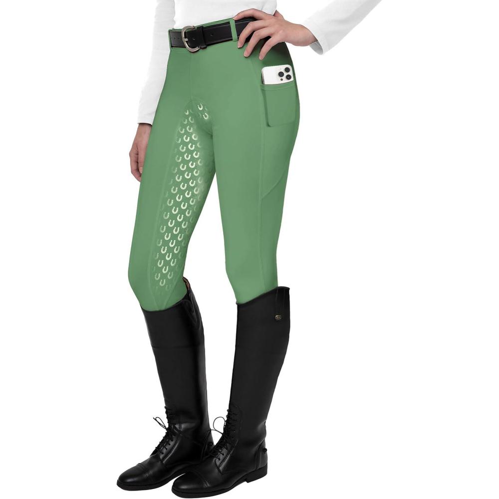 imageFitsT4 Sports Womens Full Seat Riding Tights Active Silicon Grip Horse Riding Tights Equestrian BreechesCream Green