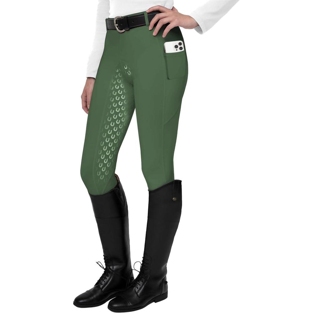 imageFitsT4 Sports Womens Full Seat Riding Tights Active Silicon Grip Horse Riding Tights Equestrian BreechesOlive Green