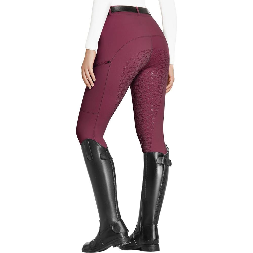 imageFitsT4 Sports Womens Full Seat Riding Tights with Zipper Pockets Horseback Riding Pants Equestrian Breeches for WomenBurgundy