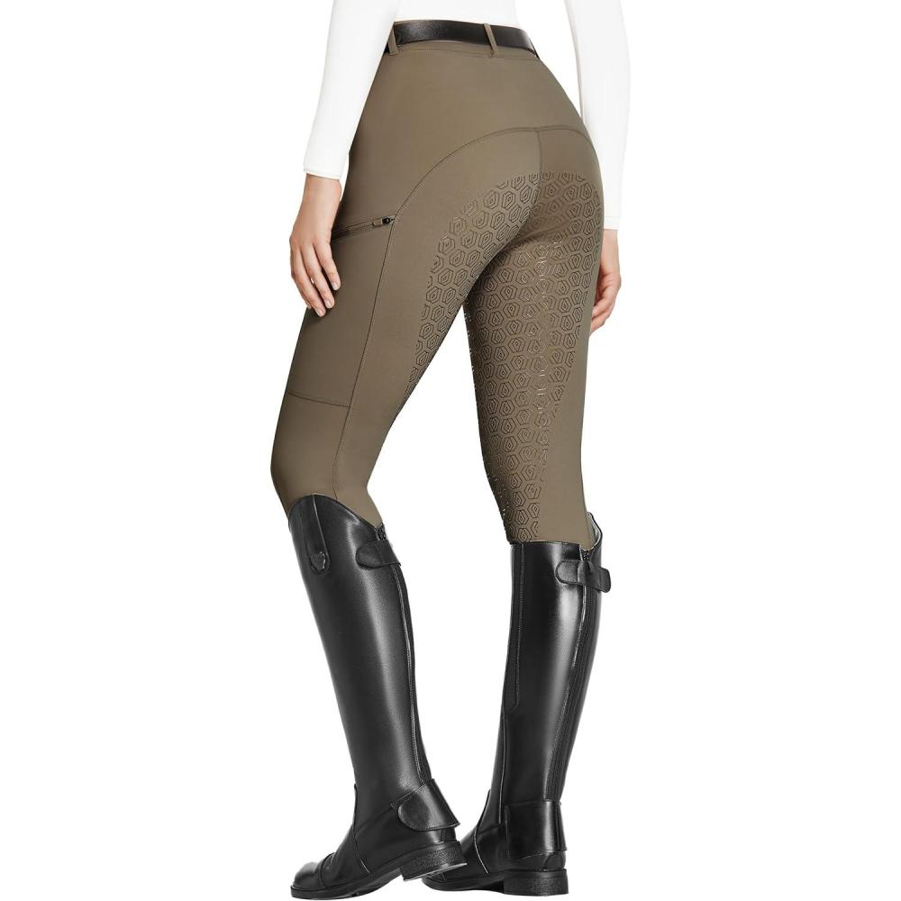 imageFitsT4 Sports Womens Full Seat Riding Tights with Zipper Pockets Horseback Riding Pants Equestrian Breeches for WomenDark Brown