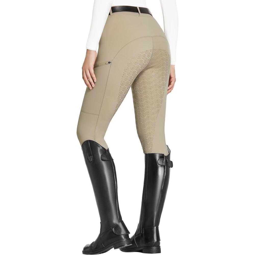 imageFitsT4 Sports Womens Full Seat Riding Tights with Zipper Pockets Horseback Riding Pants Equestrian Breeches for WomenKhaki