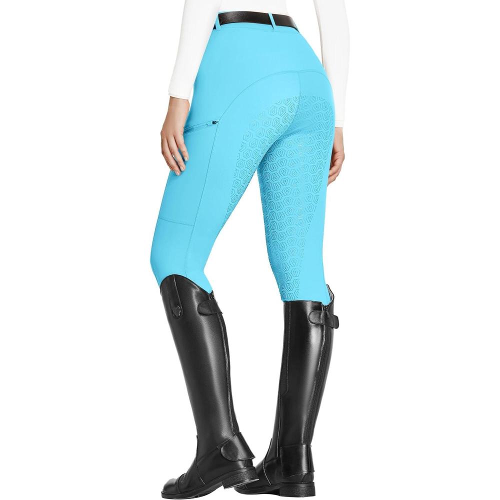 imageFitsT4 Sports Womens Full Seat Riding Tights with Zipper Pockets Horseback Riding Pants Equestrian Breeches for WomenLight Blue