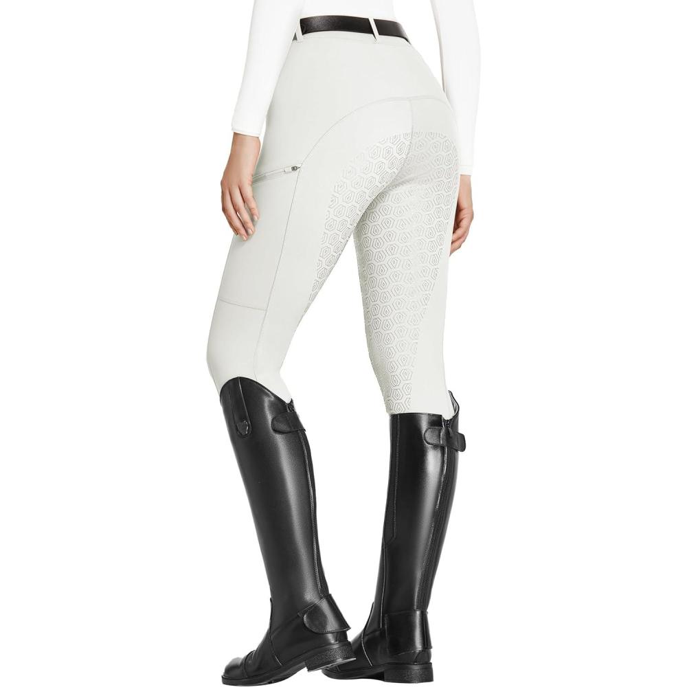 imageFitsT4 Sports Womens Full Seat Riding Tights with Zipper Pockets Horseback Riding Pants Equestrian Breeches for WomenWhite