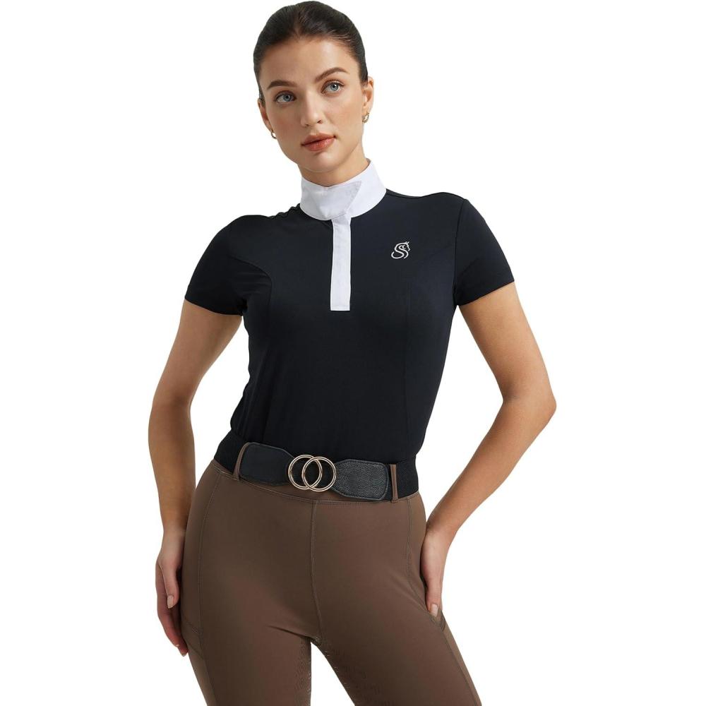 imageFitsT4 Sports Womens Short Sleeve Equestrian Show Shirts UPF50 Horse Riding Performance Shirt Rider TopBlack