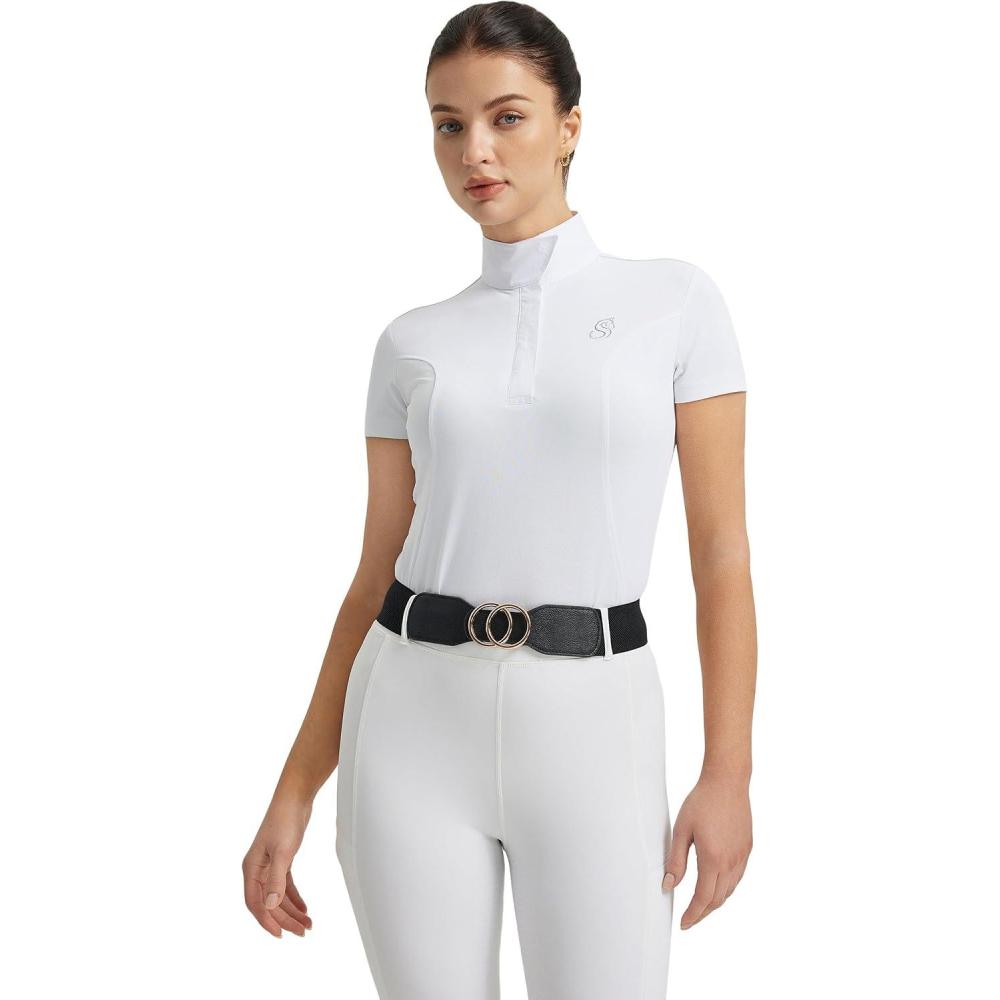 imageFitsT4 Sports Womens Short Sleeve Equestrian Show Shirts UPF50 Horse Riding Performance Shirt Rider TopWhite