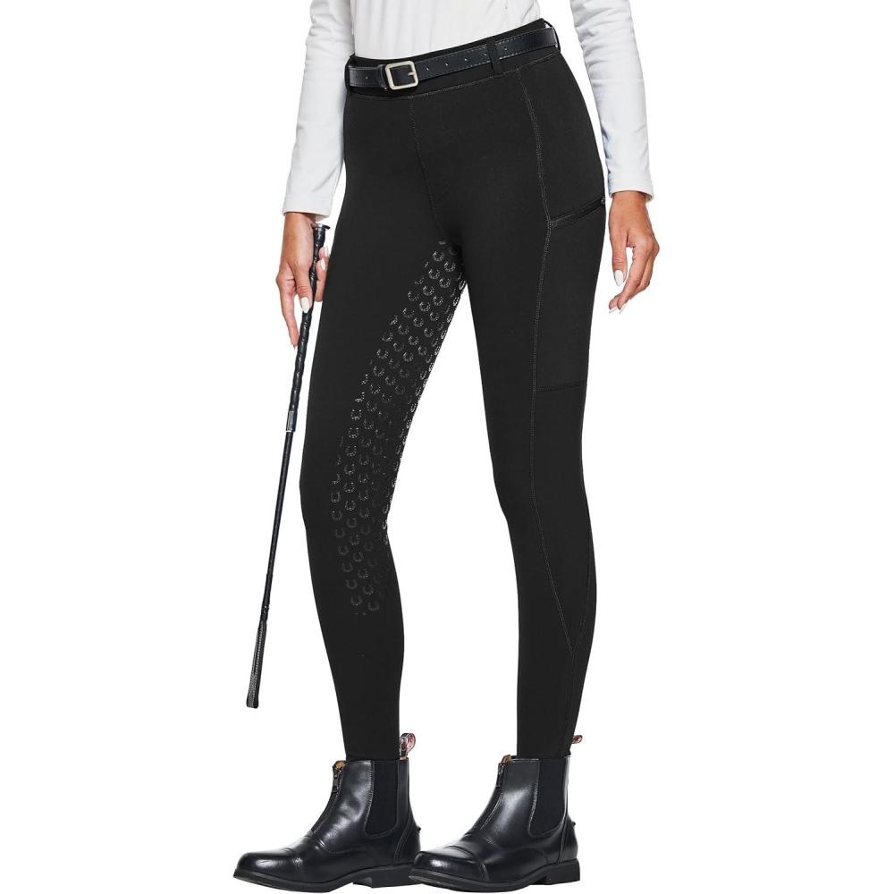imageFitsT4 Sports Womens Winter Horse Riding Pants with Zipper Pockets Full Seat Riding Tights Fleece Lined Equestrian BreechesBlack