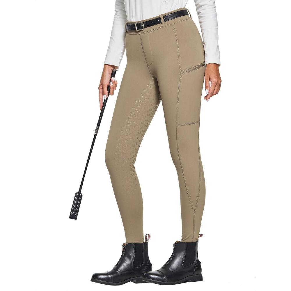 imageFitsT4 Sports Womens Winter Horse Riding Pants with Zipper Pockets Full Seat Riding Tights Fleece Lined Equestrian BreechesBrown