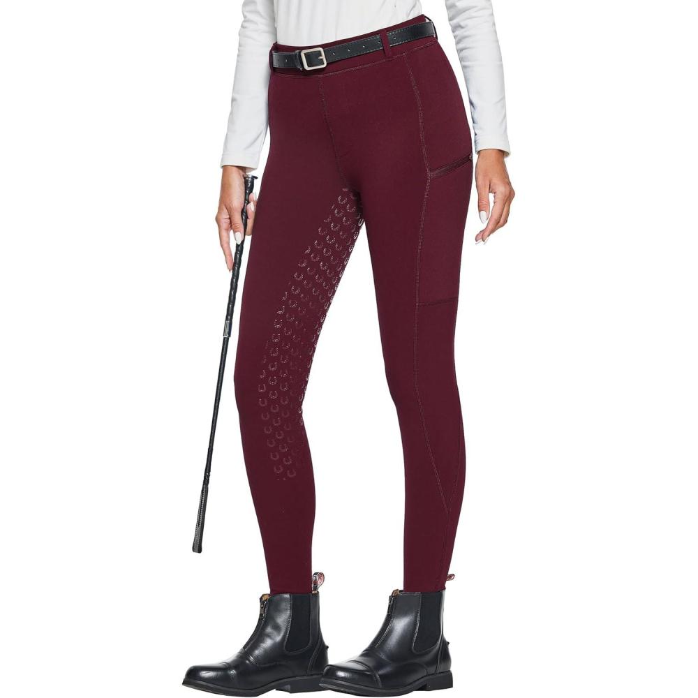imageFitsT4 Sports Womens Winter Horse Riding Pants with Zipper Pockets Full Seat Riding Tights Fleece Lined Equestrian BreechesBurgundy