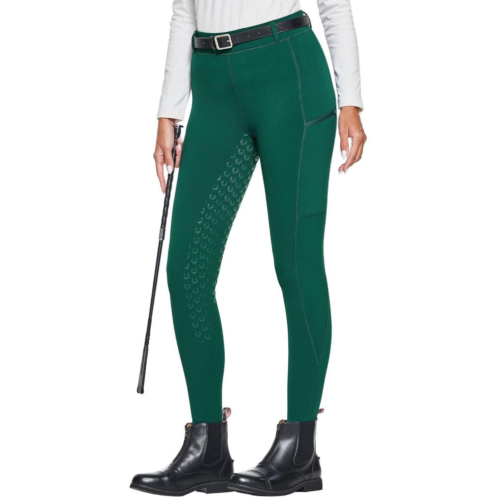 imageFitsT4 Sports Womens Winter Horse Riding Pants with Zipper Pockets Full Seat Riding Tights Fleece Lined Equestrian BreechesDark Green