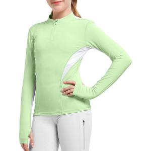 FitsT4 Sports Girls Long Sleeves Shirts Thumbhole English Horse Riding Shirt UPF50 Quick Dry Kids Equestrain Half Zip Jacket(Light Green)