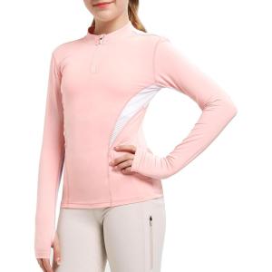 FitsT4 Sports Girls Long Sleeves Shirts Thumbhole English Horse Riding Shirt UPF50 Quick Dry Kids Equestrain Half Zip Jacket(Pink)