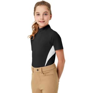 FitsT4 Sports Girls Short Sleeve Equestrian Shirt Quick Dry Horse Riding Shirts Half Zip Horseback Show Shirt(Black)