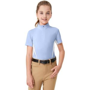 FitsT4 Sports Girls Short Sleeve Equestrian Shirt Quick Dry Horse Riding Shirts Half Zip Horseback Show Shirt(Blue)