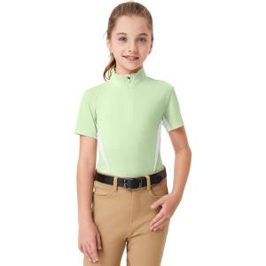 FitsT4 Sports Girls Short Sleeve Equestrian Shirt Quick Dry Horse Riding Shirts Half Zip Horseback Show Shirt(Light Green)