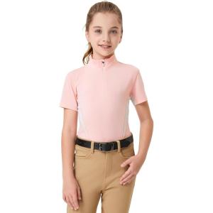 FitsT4 Sports Girls Short Sleeve Equestrian Shirt Quick Dry Horse Riding Shirts Half Zip Horseback Show Shirt(Pink)