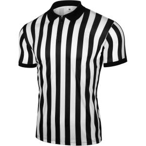 FitsT4 Sports Mens Official Black & White Stripe Referee Shirt Zipper Collared Short Sleeve Umpire Jersey Costume Ref Uniform(Black/White Stripe-zipper Neck)