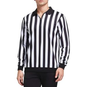 FitsT4 Sports Men’s Official Black & White Stripe Referee Shirt Zipper Collared Umpire Jersey Costume Pro Ref Uniform(Black/White Stripe-zipper Neck)
