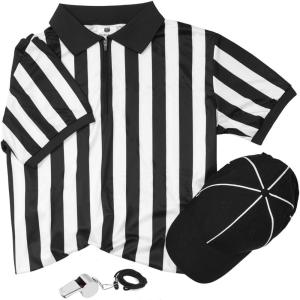 FitsT4 Sports Official Black & White Stripe Referee Shirt Zipper Ref Jersey Umpire Referee Cap Stainless Steel Whistle