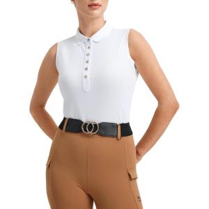 FitsT4 Sports Womens Equestrian Tank Top UPF50+ Sleeveless Horse Riding Shirts Polo Collar Button Up(White)