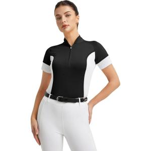 FitsT4 Sports Womens Short Sleeve Equestrian Shirts UPF50+ Horse Riding Shirts Breathable Rider Tops Half Zip(Black)