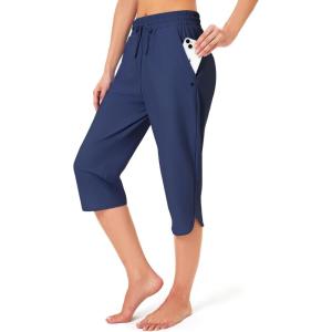 FitsT4 Sports Women’s Swim Capris Pants 18″ Quick Dry UPF 50+ Beach Modest Swimsuits Bottoms with Mesh Pockets(Navy)