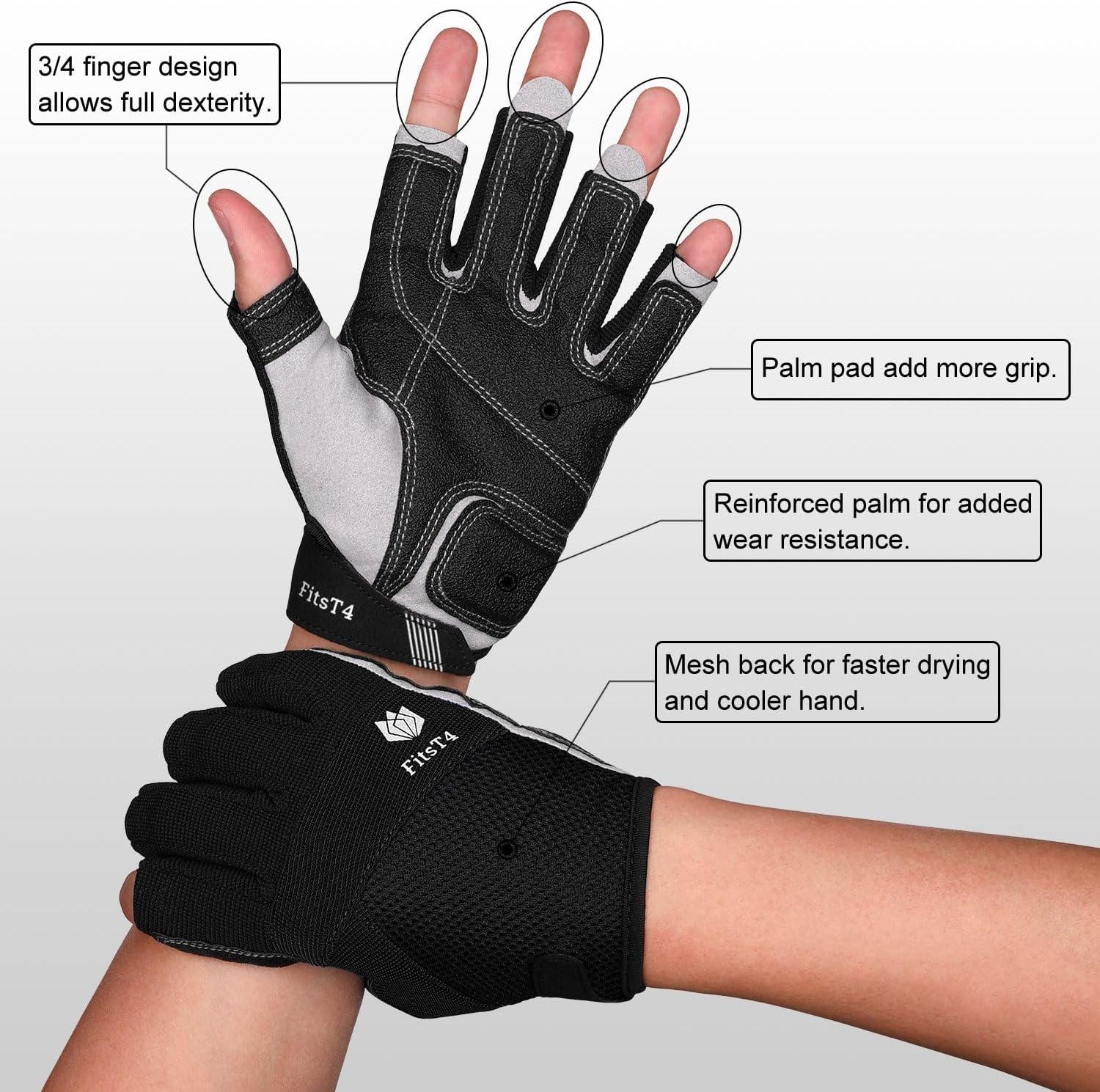 imageFitsT4 Sports Kayaking Gloves 34 or Full Finger Padded Palm Fingerless Gloves for Men Women Youth Perfect for Sailing Paddling Canoeing Boating Workout Rowing SUP and Other Water Sportsblack