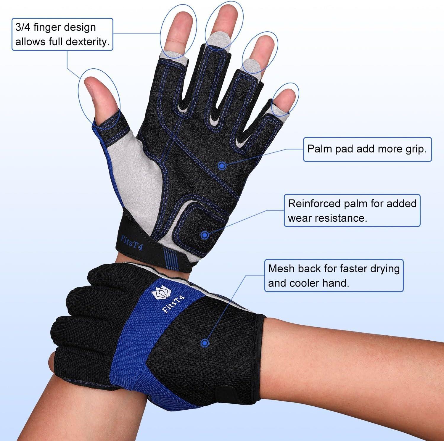 imageFitsT4 Sports Kayaking Gloves 34 or Full Finger Padded Palm Fingerless Gloves for Men Women Youth Perfect for Sailing Paddling Canoeing Boating Workout Rowing SUP and Other Water Sportsblue