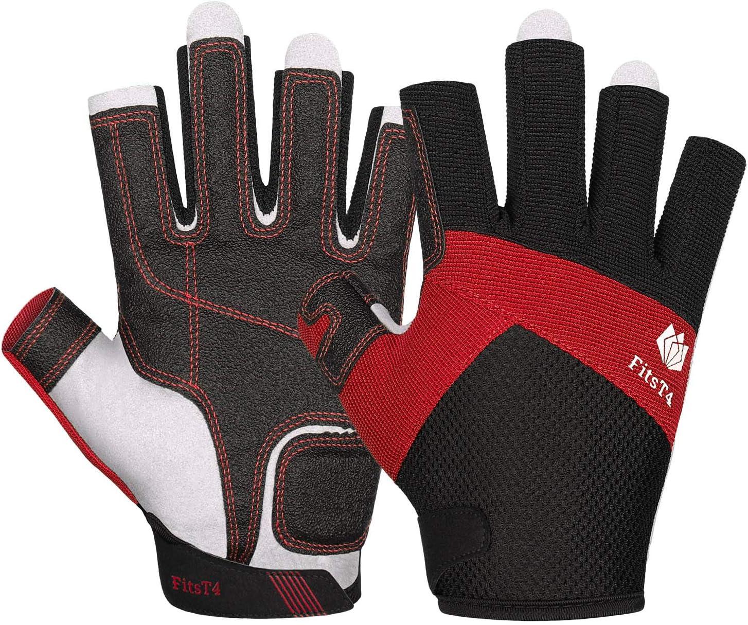 imageFitsT4 Sports Kayaking Gloves 34 or Full Finger Padded Palm Fingerless Gloves for Men Women Youth Perfect for Sailing Paddling Canoeing Boating Workout Rowing SUP and Other Water Sportsred